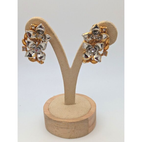 Vintage Clip On Earrings Gold-Silver Tone Flower Statement Clear Rhinestones - Picture 1 of 8